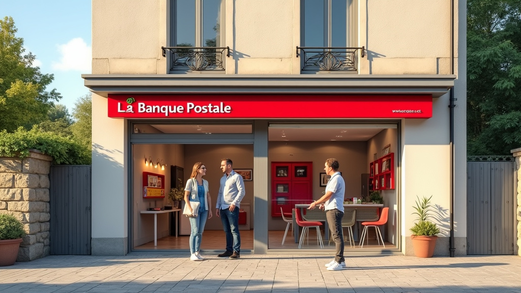 Agence de La Banque Postale dans un petit village, avec des clients à l’entrée et un conseiller en conversation