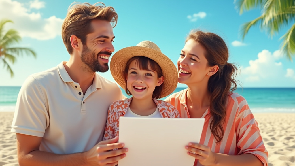 Famille en vacances, souriante, avec un document d