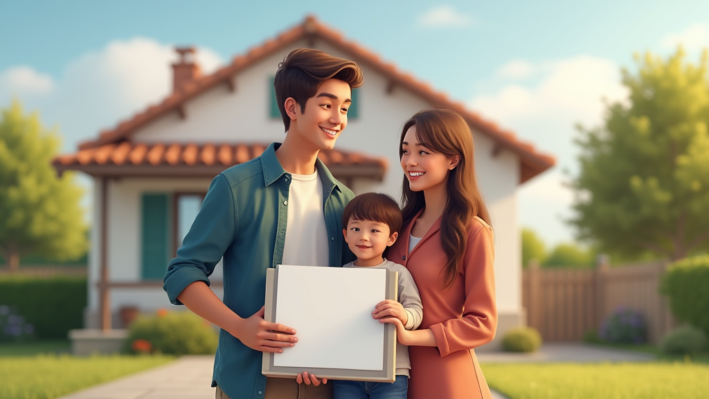 Famille heureuse devant sa maison, avec un document d