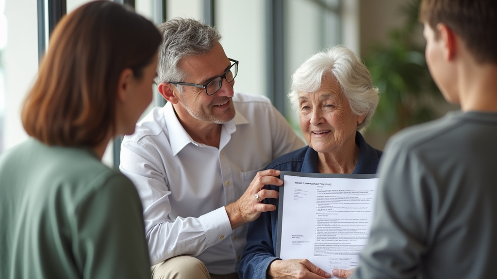 Personne âgée assistée par un proche, avec un document d