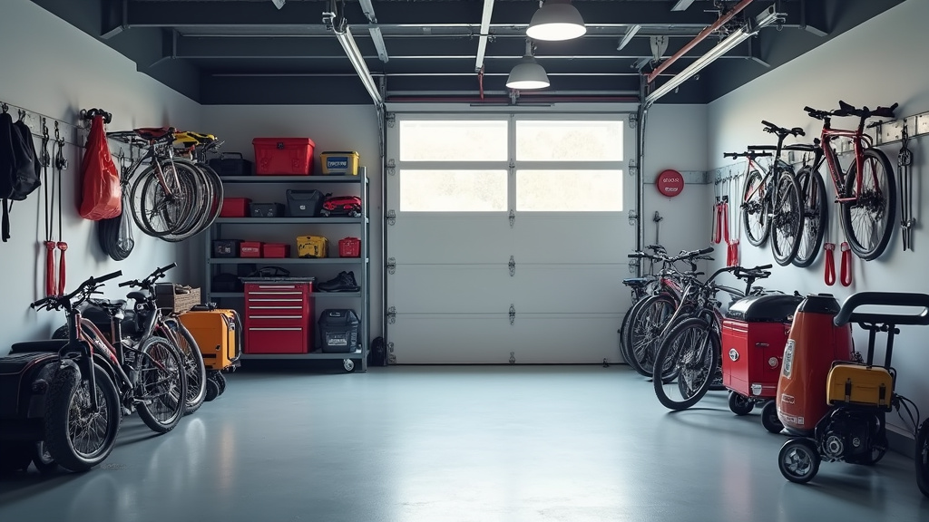Contenu d’un garage avec outils, vélos et équipements sportifs stockés
