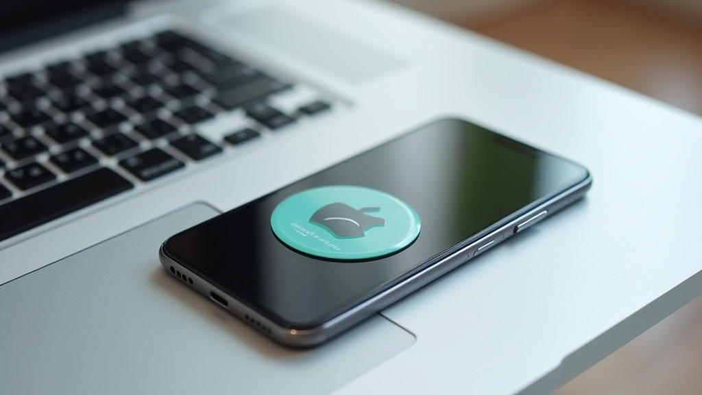 Smartphone posé sur un bureau avec un badge d