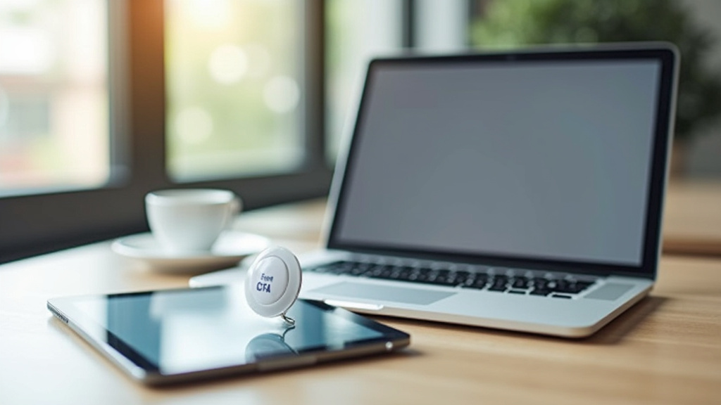 Tablette et ordinateur portable sur une table avec un badge CFCA