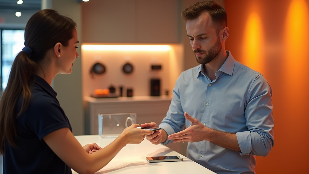 Client dans une boutique Orange recevant un smartphone de remplacement après sinistre
