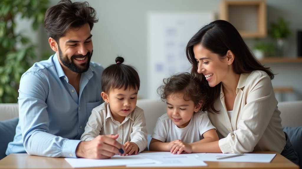 Famille discutant autour d’un dossier de crédit avec un conseiller, souriante et sereine