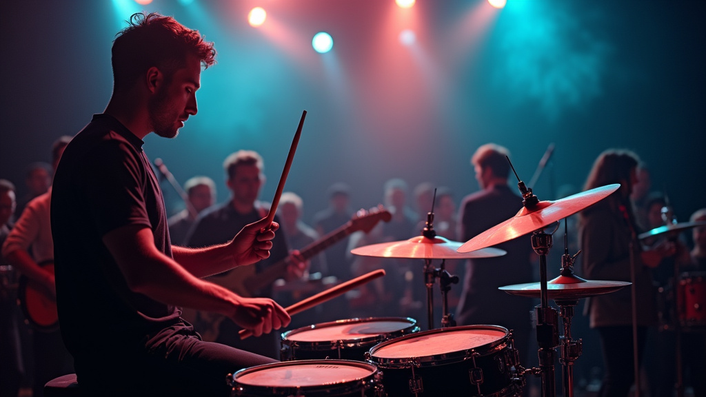 Batteriste sur scène pendant un concert, avec cymbales et percussions en pleine exécution