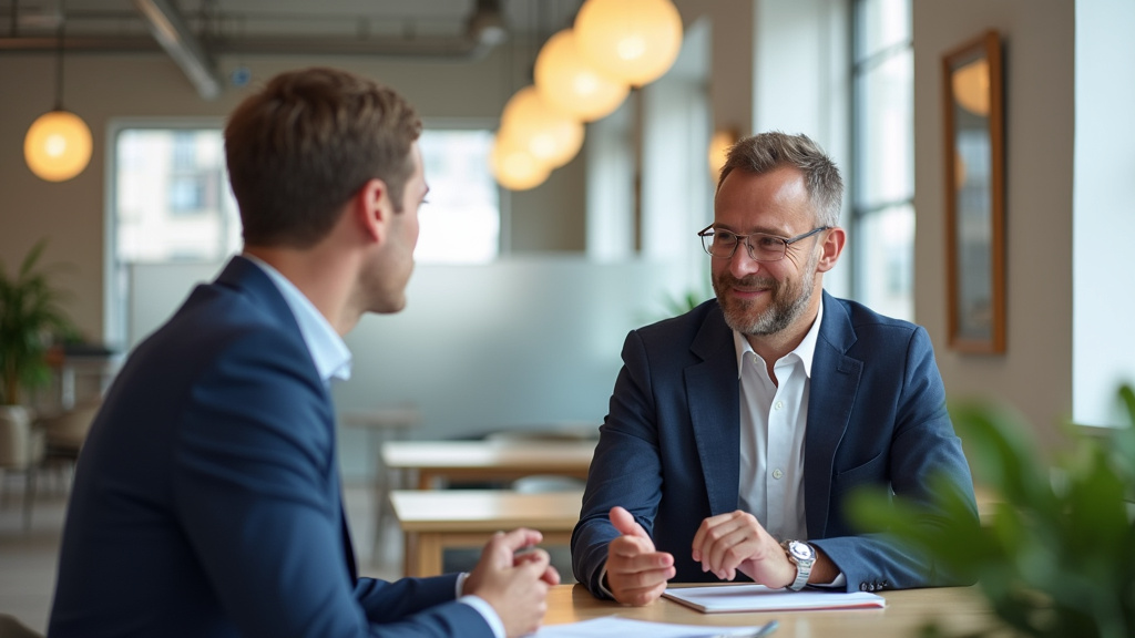 Conseiller bancaire du Crédit Mutuel à Strasbourg en entretien avec un entrepreneur local