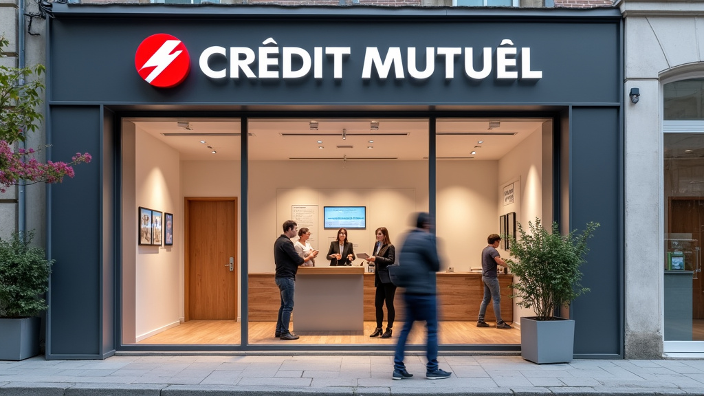 Agence du Crédit Mutuel à Mulhouse, façade moderne avec personnel accueillant et clients en discussion avec conseillers