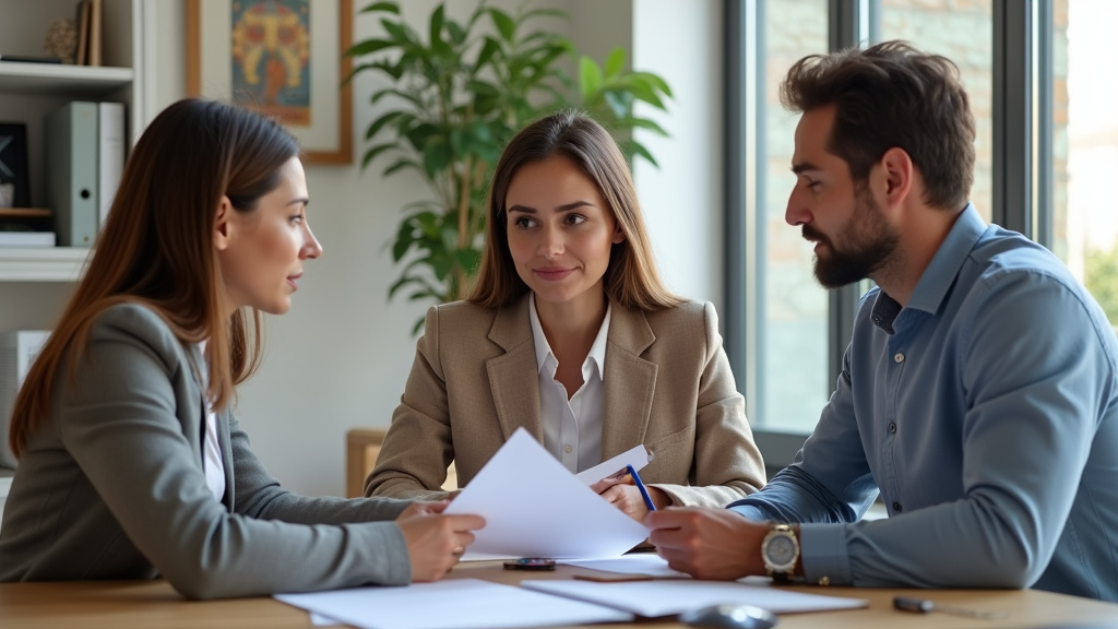 Famille mulhousienne en discussion avec un conseiller assurance, documents à l
