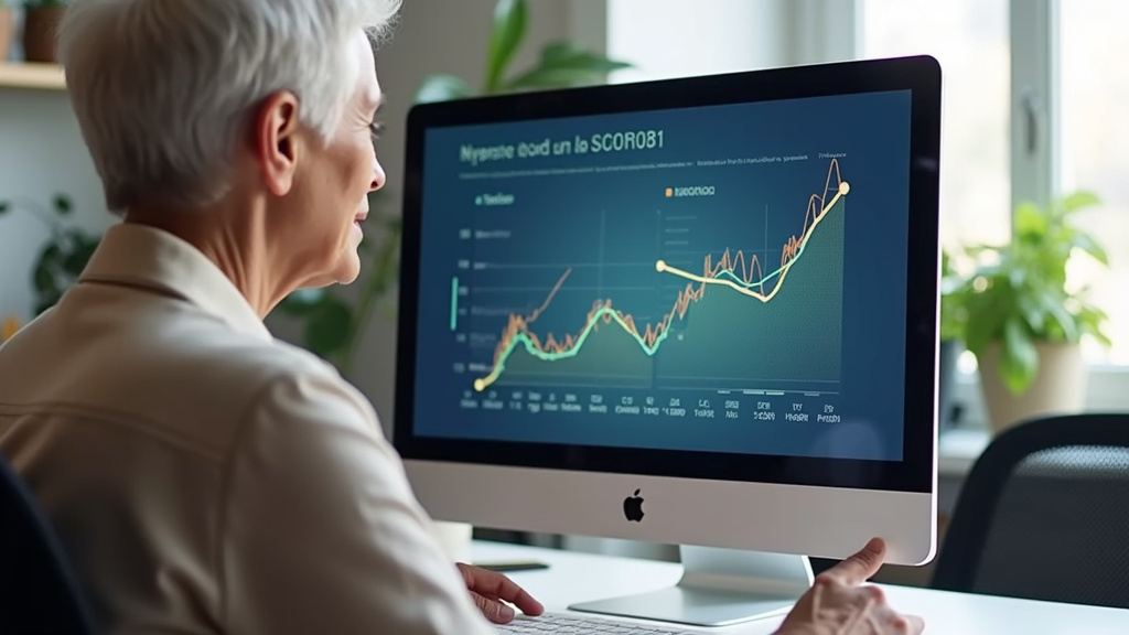 Personne âgée regardant un graphique d’évolution de patrimoine sur écran, avec un conseiller près d’elle