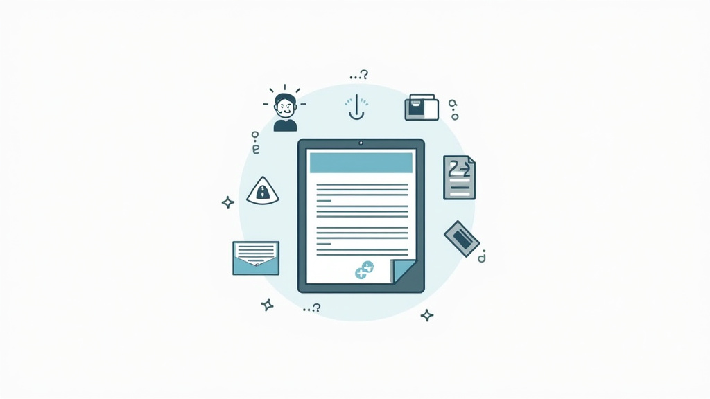 Illustration des 5 étapes pour demander un crédit renouvelable en ligne : simulation, formulaire, pièces justificatives, signature, déblocage