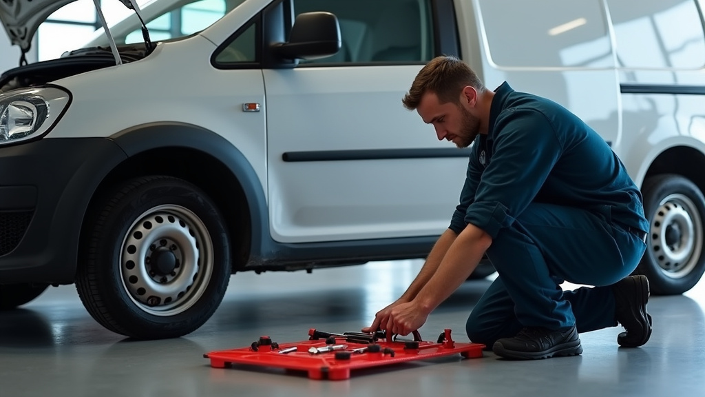 Mécanicien en train de réparer une voiture en urgence, avec outils et pièces sur le sol