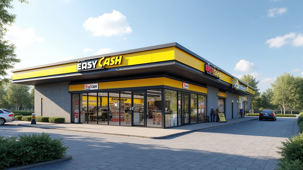 Exterieur du magasin Easy Cash à Dechy, vue de la rue James Tobin avec parking et signalisation visible