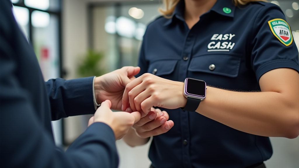 Client apportant un iPhone 13 et une montre connectée à Easy Cash Dechy, employé en uniforme vérifie l’état de l