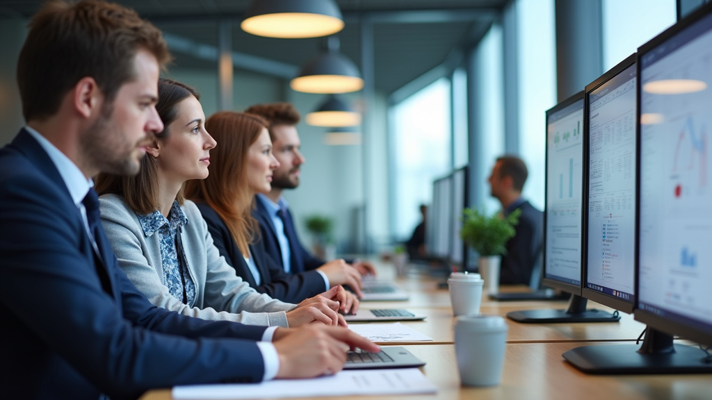 Équipe de collaborateurs dans un espace de travail moderne au siège de La Banque Postale, en discussion autour d’un écran