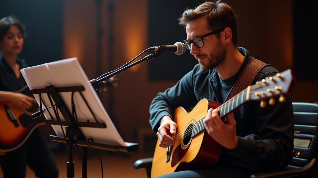 Musicien dans son studio de répétition avec guitare, ampli et partition, préparant un concert