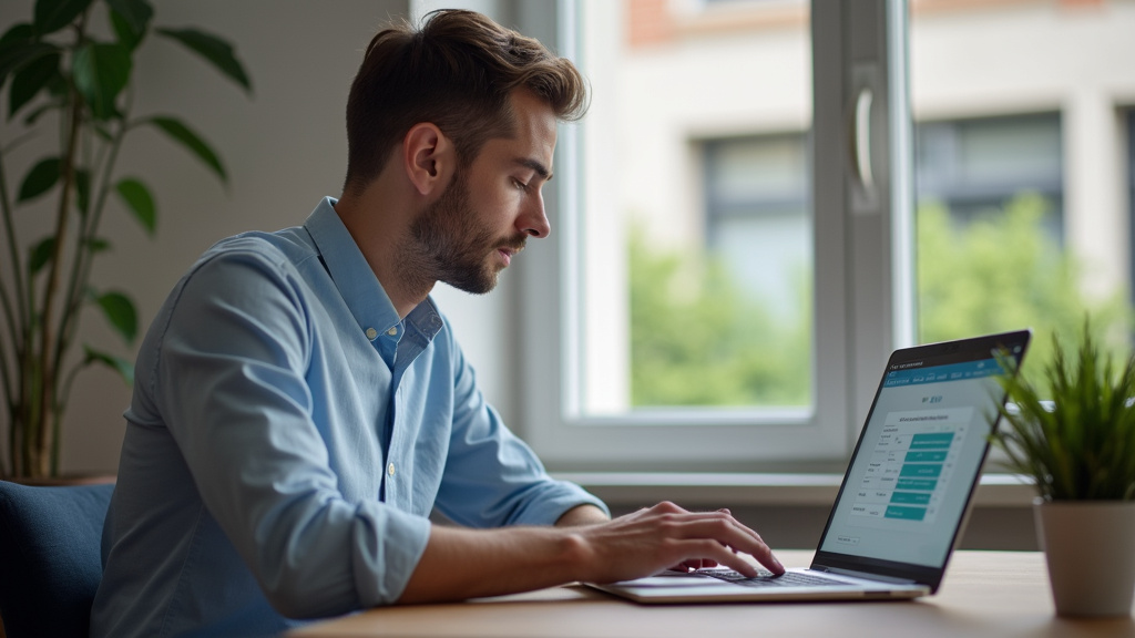 Homme de 28 ans travaillant sur un nouvel ordinateur portable, avec un écran de facture de prêt entre particuliers en arrière-plan