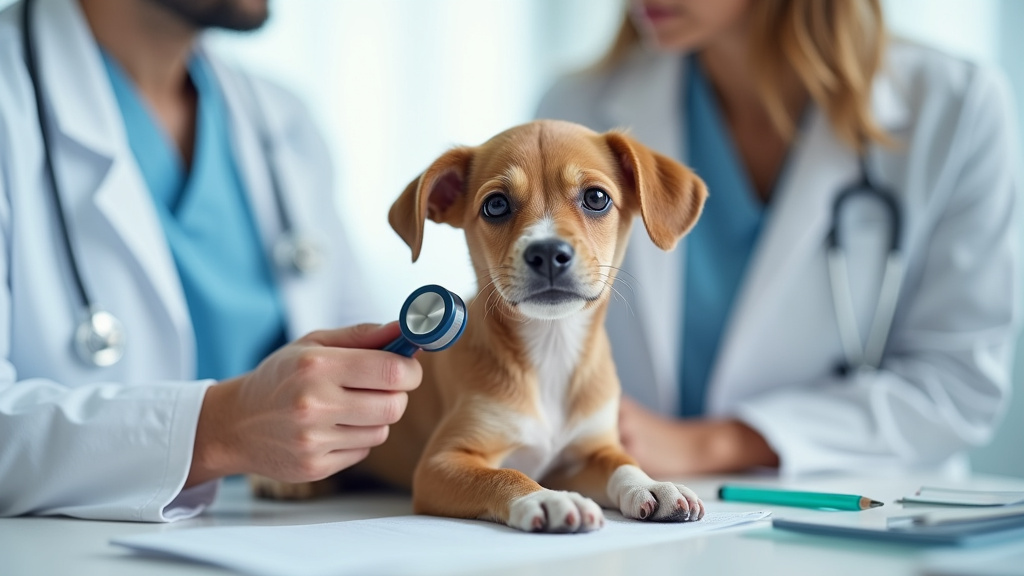 Chien en consultation chez le vétérinaire avec stéthoscope