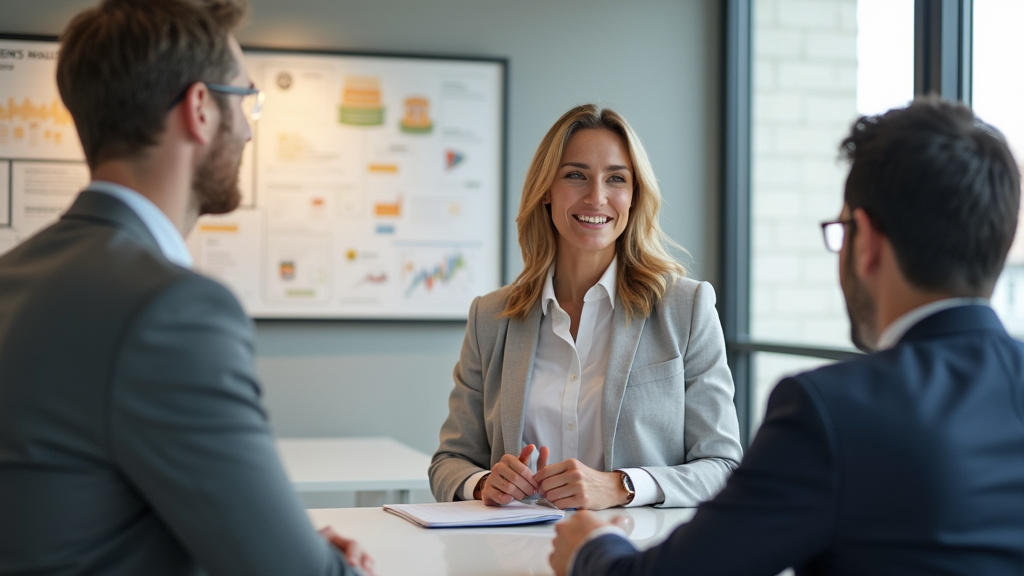 Conseiller bancaire expliquant les services aux particuliers dans une agence Crédit Mutuel à Valence