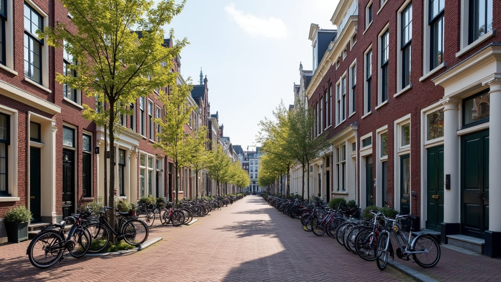 Rue typique du quartier de Jordaan à Amsterdam avec vélos garés, canaux et maisons anciennes colorées