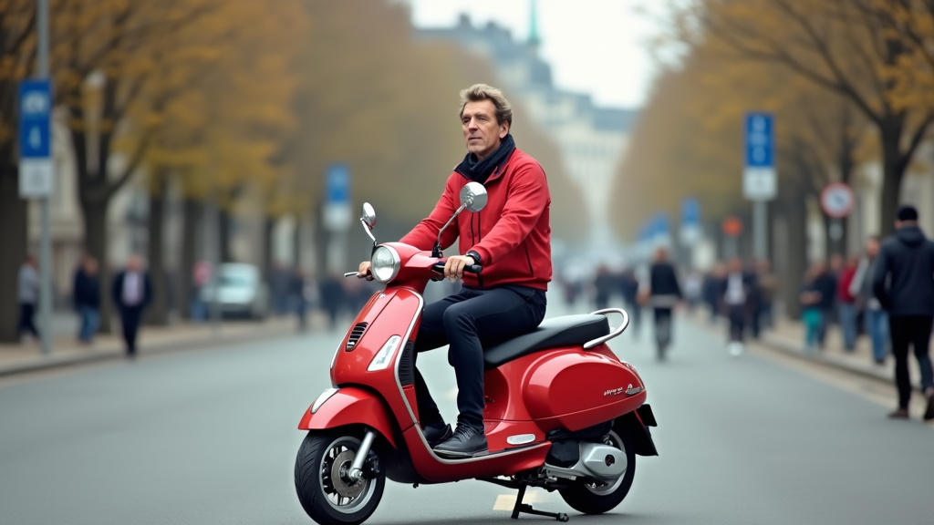 Alain Prost circulant en scooter dans les rues de Genève, vêtu simplement