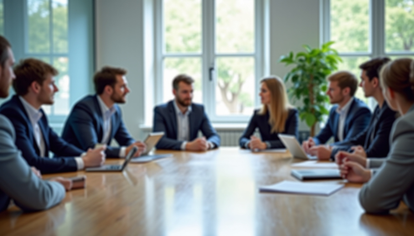 Équipe de banque discutant des bonus annuels lors d