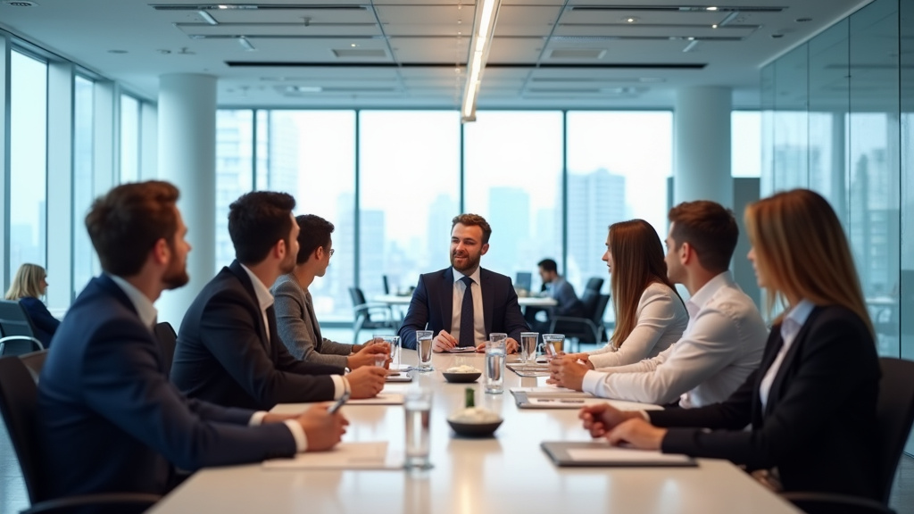 Équipe de professionnels en réunion dans un bureau moderne de la Banque de France