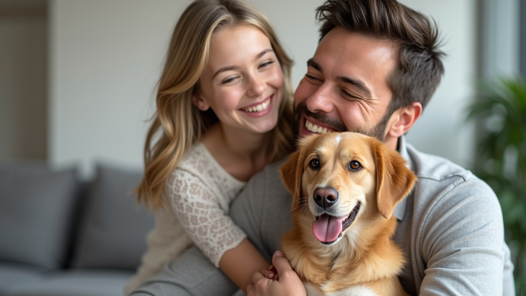 Propriétaire de chien souriant avec son animal, satisfait de son assurance ECA