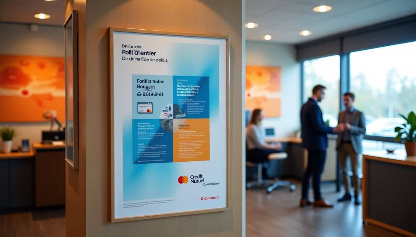 Affiche dans une agence Crédit Mutuel à Strasbourg montrant un partenariat avec Bouygues Telecom pour des offres mobiles et internet