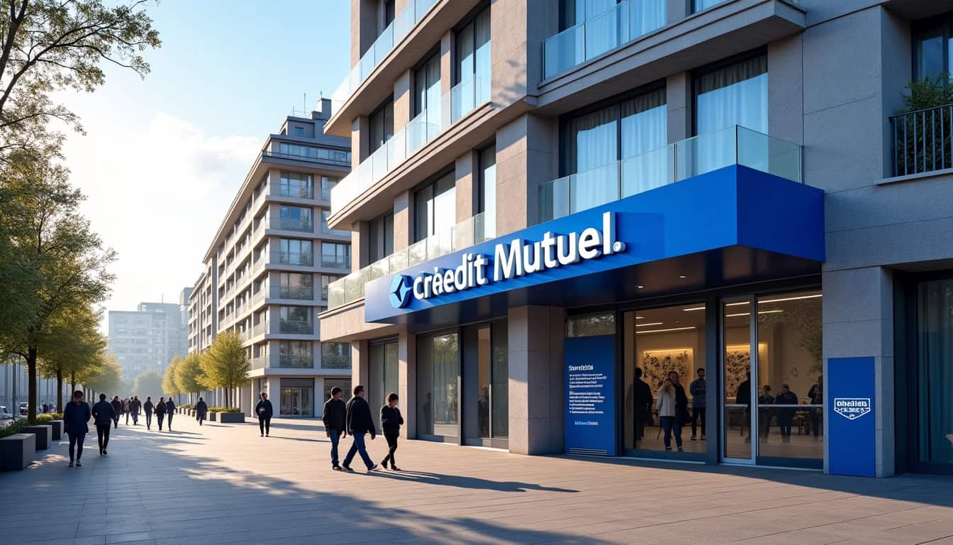 Agence Crédit Mutuel située en plein centre-ville de Grenoble, vue extérieure du bâtiment avec enseigne visible