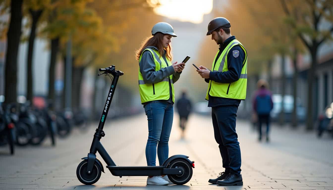 Agent de police vérifiant l’assurance d’un utilisateur de trottinette électrique