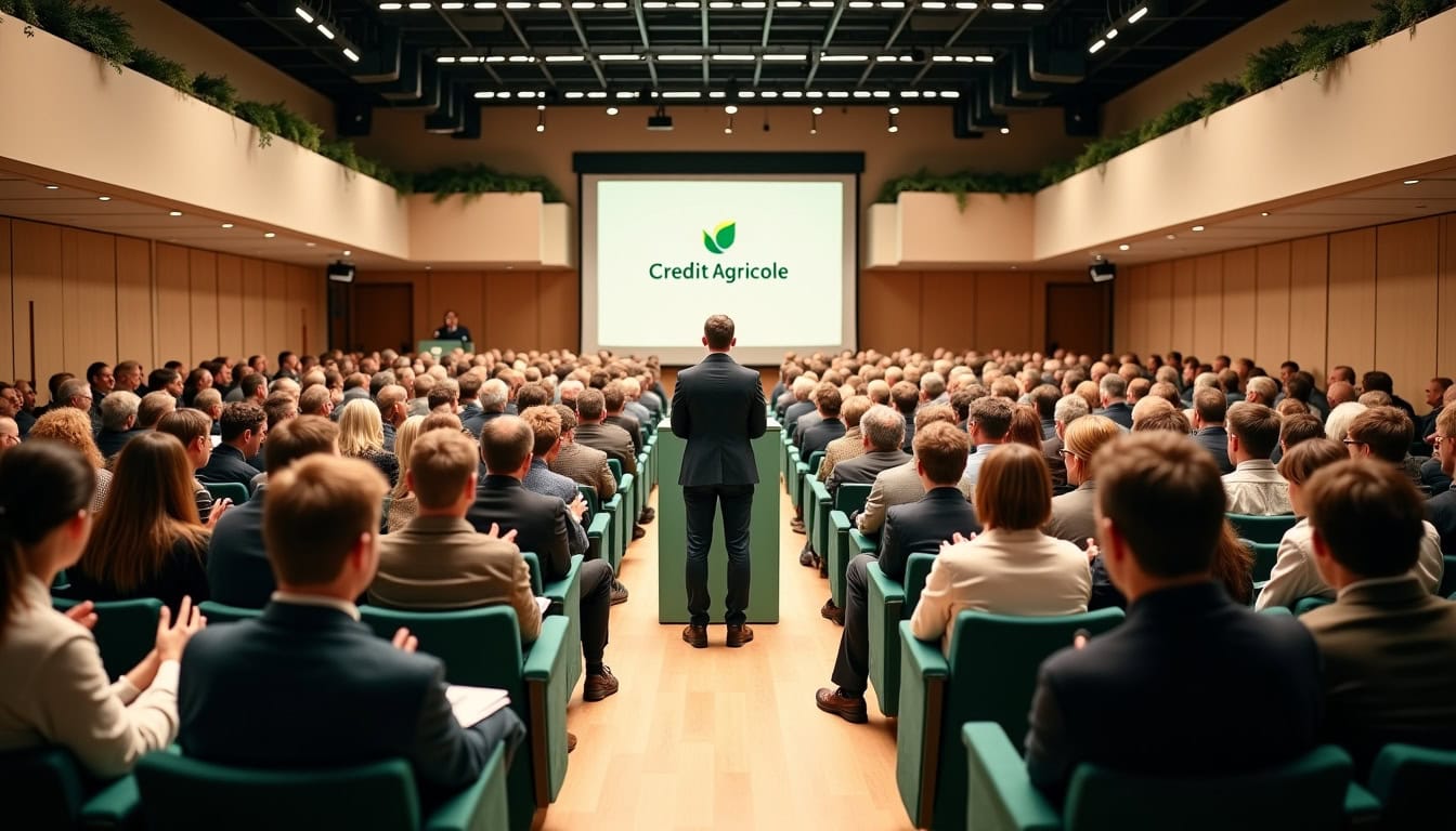 Assemblée générale des sociétaires du Crédit Agricole en 2026, avec des participants écoutant un discours dans une grande salle