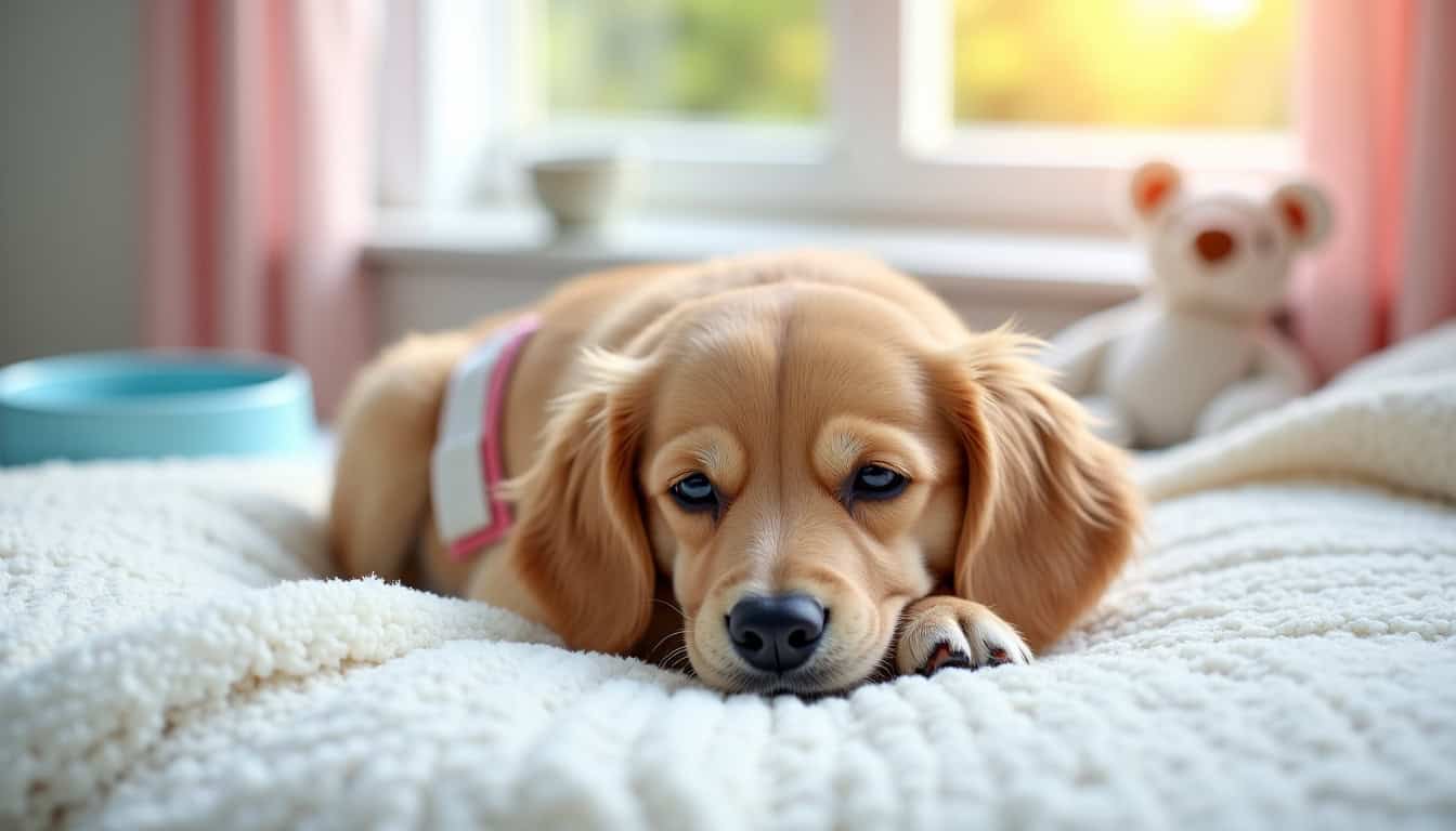 Chien en convalescence après une chirurgie, entouré de son pansement et d