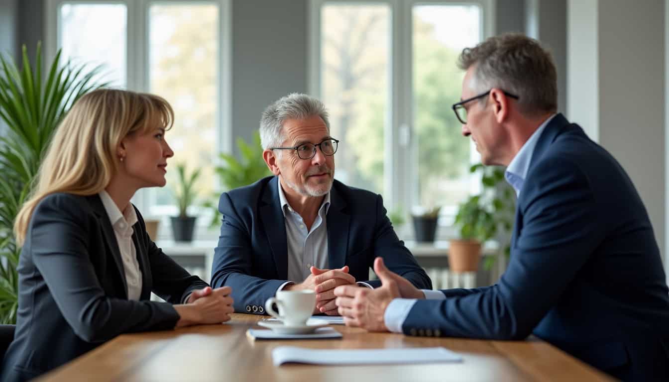 Conversation entre deux clients et un conseiller bancaire dans une agence
