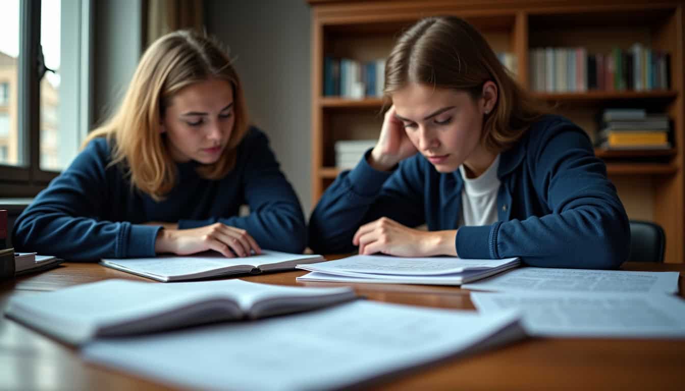 Deux candidats étudiant les annales du concours de la Banque de France, entourés de livres et de documents économiques