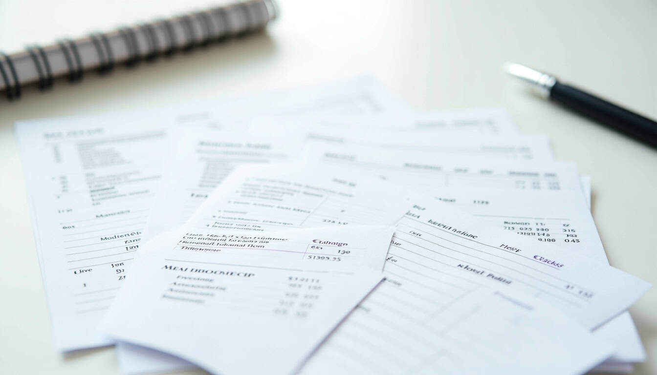 Ensemble de justificatifs de frais professionnels: tickets de restaurant, factures et notes de frais organisés