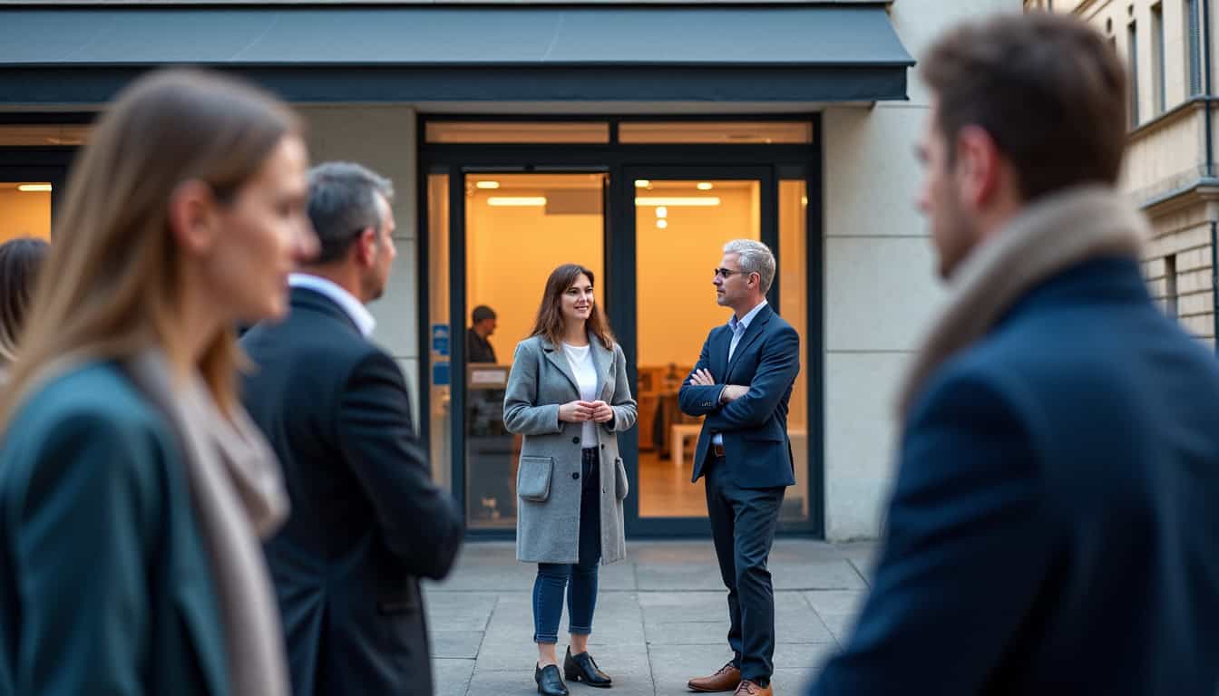 Groupe de personnes discutant devant une agence bancaire fermée
