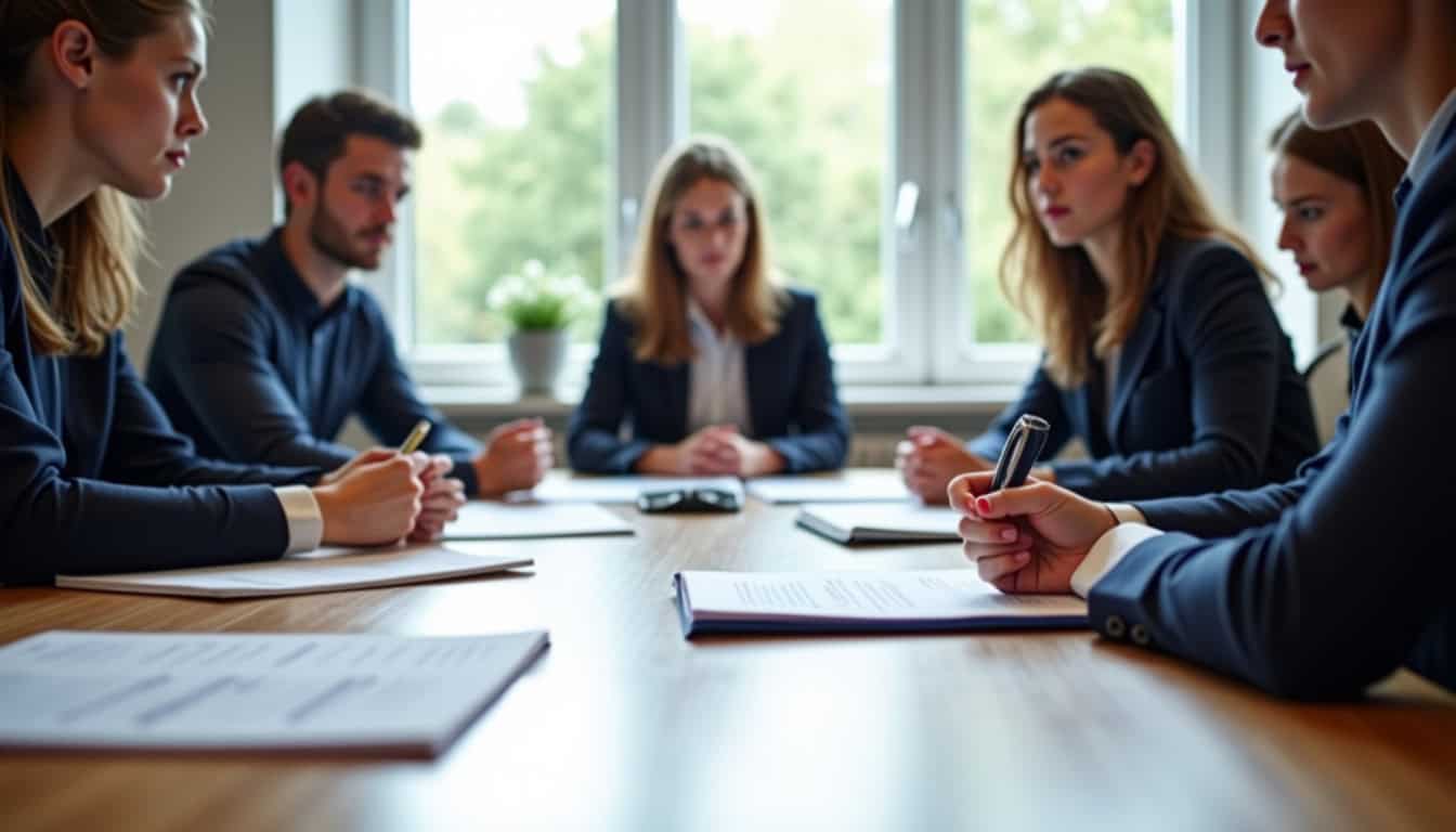 Groupe de nouveaux recrutés en formation à la Banque de France, suivant un cours en présentiel avec des documents officiels