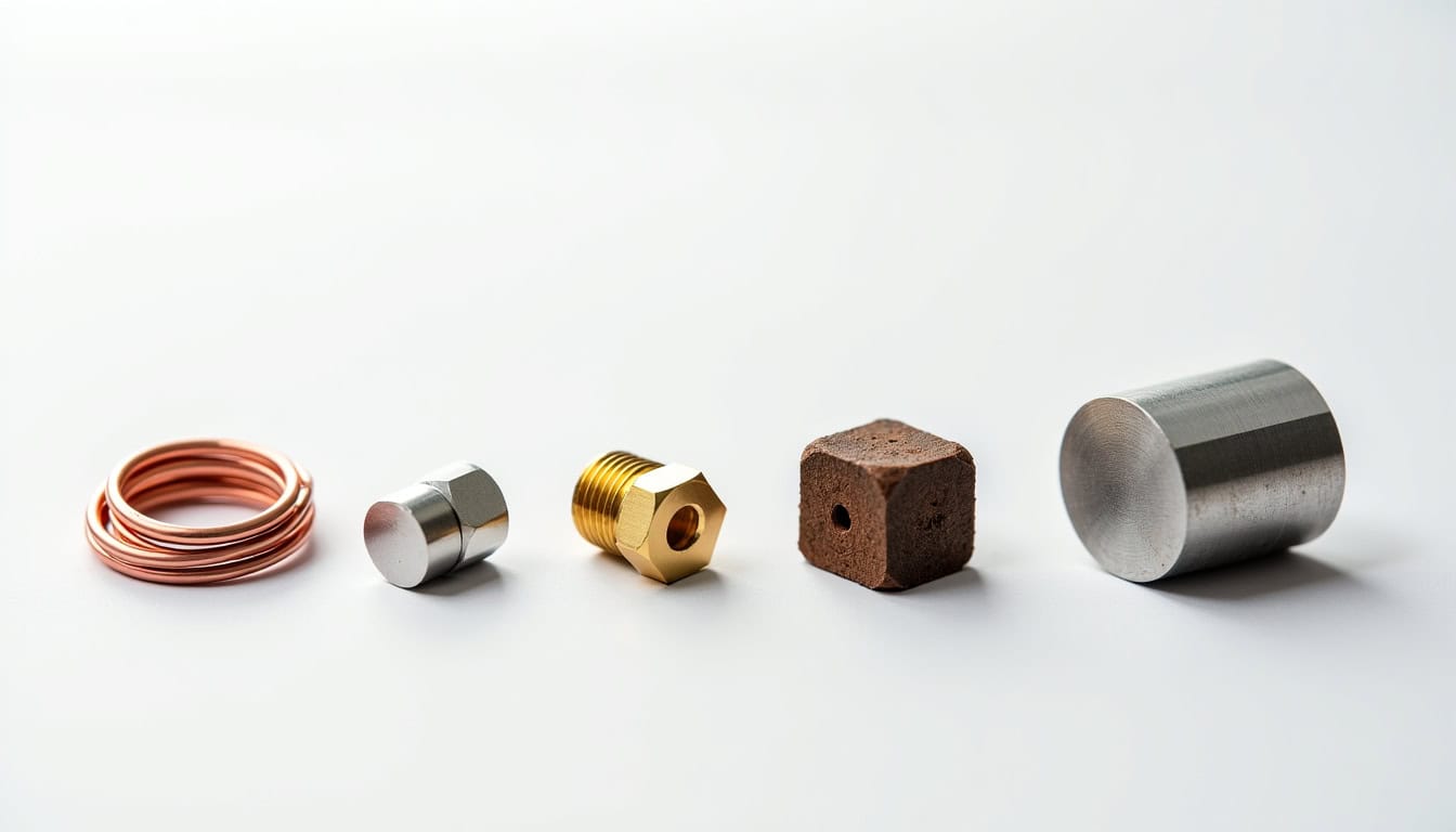 Illustration des différents types de métaux ferreux et non-ferreux couramment recyclés: cuivre, aluminium, laiton, ferraille, inox