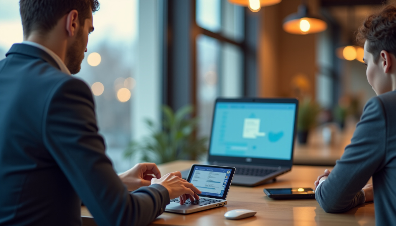 Illustration d’un freelance utilisant l’application Qonto sur son ordinateur portable dans un espace de coworking