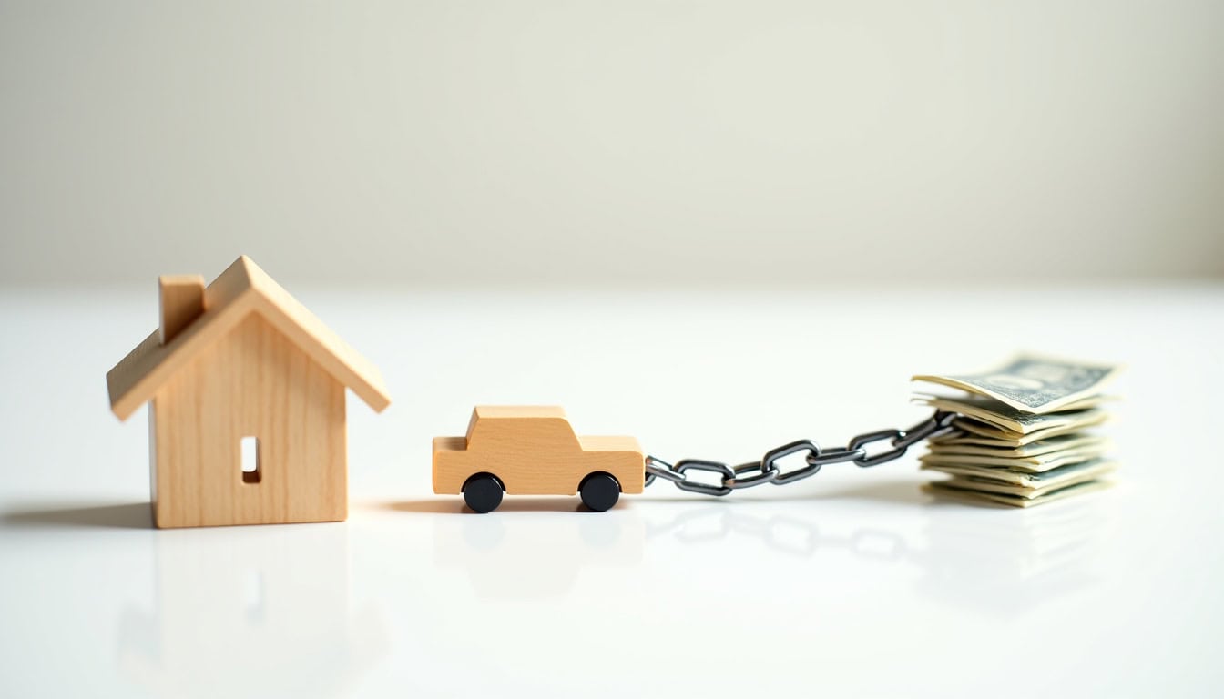 Infographie illustrant les différents types de crédits: prêt personnel, crédit auto, crédit immobilier, rachat de crédits