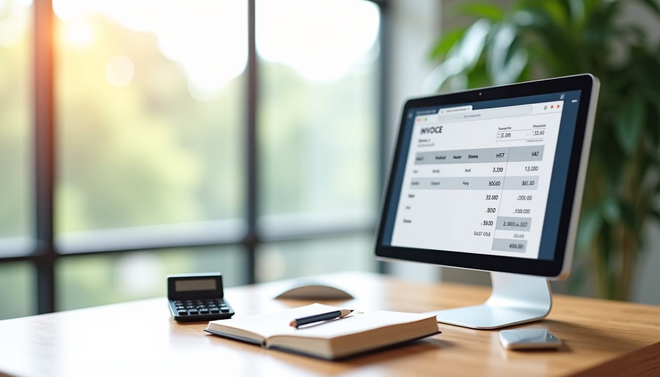 Interface d’un logiciel de facturation montrant un exemple de facture avec détails HT, TVA et TTC