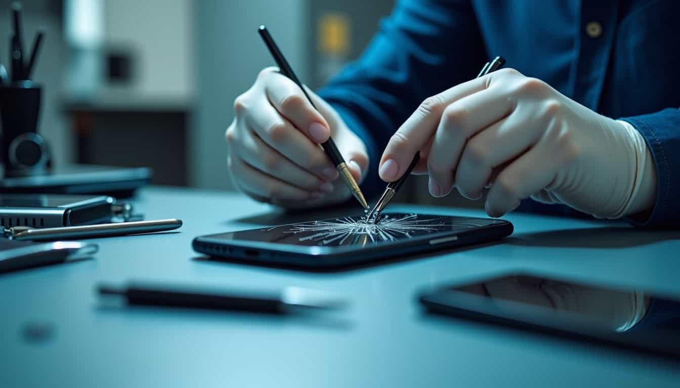 iPhone avec écran fissuré en cours de réparation dans un atelier technique