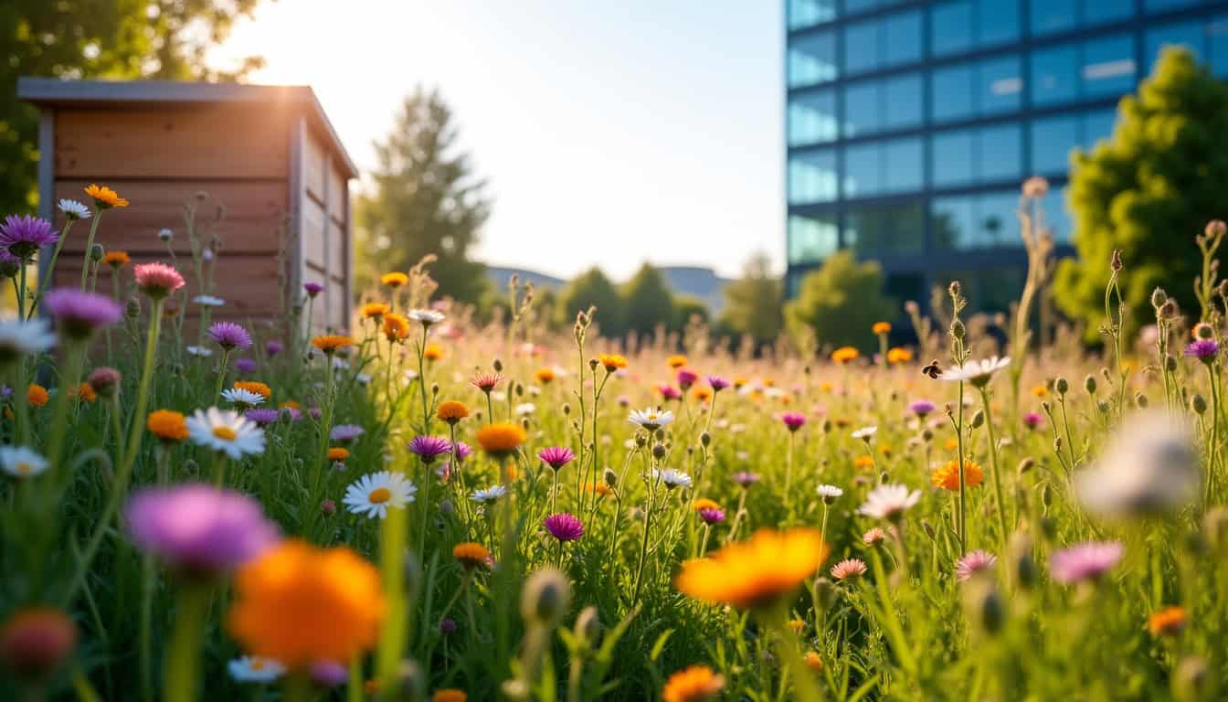 Prairies fleuries et ruches sur le campus Crédit Agricole SQY Park illustrant la biodiversité