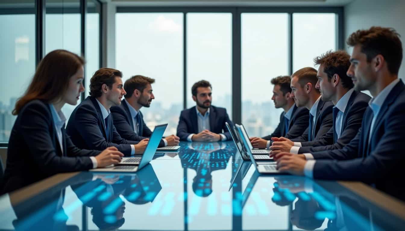 Professionnels travaillant dans un environnement moderne de la Banque de France, en réunion autour de données économiques