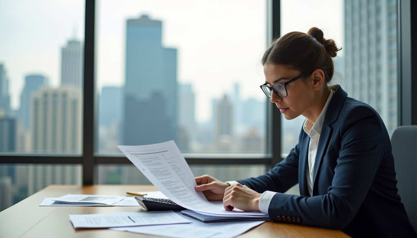 Un analyste financier examinant un dossier de crédit sur son bureau