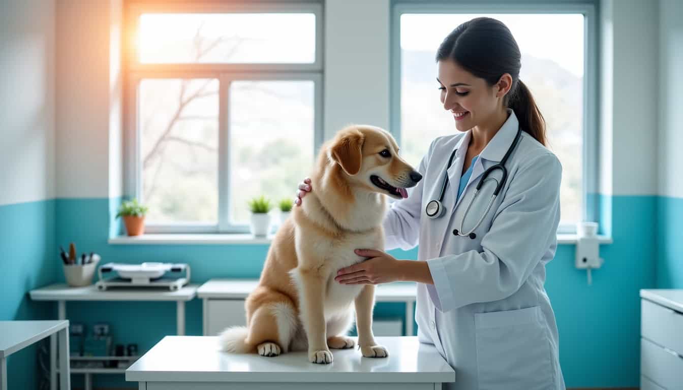 Vétérinaire examinant un chien pendant une consultation de routine dans un cabinet moderne