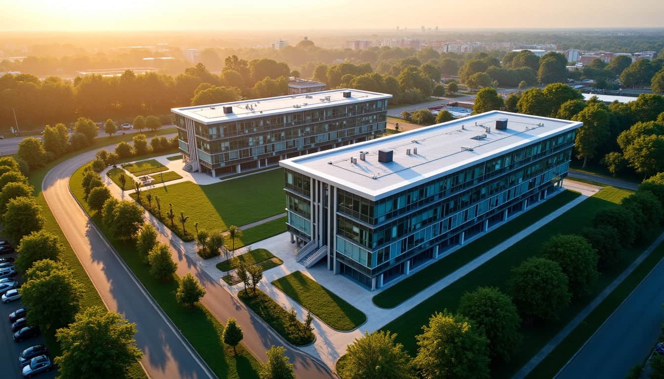 Vue aérienne du campus Crédit Agricole SQY Park montrant les bâtiments modernes entourés d