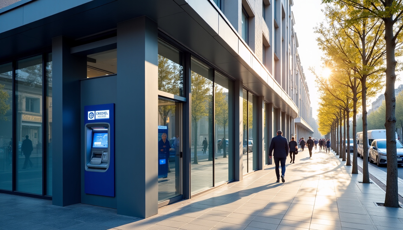 Agence bancaire Crédit Mutuel en plein centre-ville de Montauban avec façade moderne et distributeur de billets
