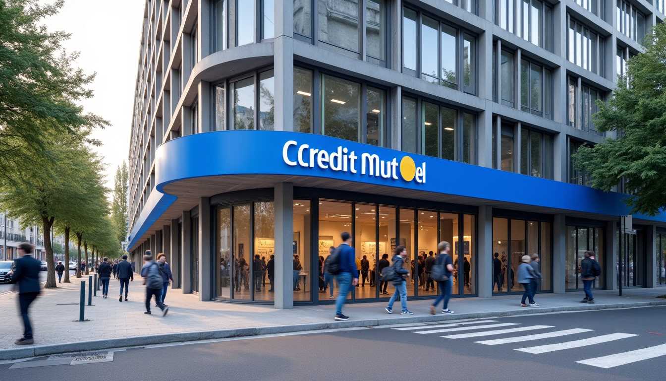 Agence Crédit Mutuel située en centre-ville de Haguenau, bâtiment moderne avec enseigne visible et clients entrant et sortant